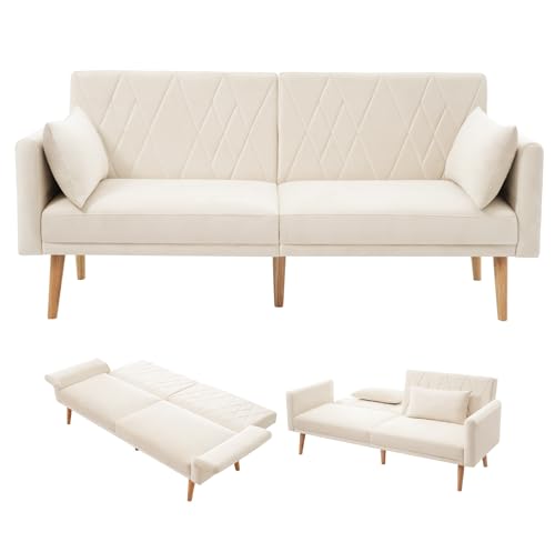2-sitzer Schlafsofa Samtstoff mit Schlaffunktion | Verstellbarer Rückenlehne & Armlehnen – Multifunktionales Sofa für Wohnzimmer/Schlafzimmer, 180x75x82cm, 150 kg Tragkraft (Beige) von Azkoeesy