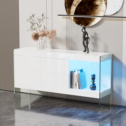 Azkoeesy 140,5 cm Kommoden Sideboard in Hochglanz Weiß mit Glasbeinen, 4 Schubladen und Vitrine, mit LED-Licht, für Wohnzimmer, Schlafzimmer, 140,5 L x 35 B x 74H cm von Azkoeesy