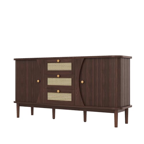 Azkoeesy 140 cm Rattan Sideboard Kommode mit 3 Schubladen und 2 Schiebetüren für Wohnzimmer und Schlafzimmer, Badezimmer (Natur) von Azkoeesy