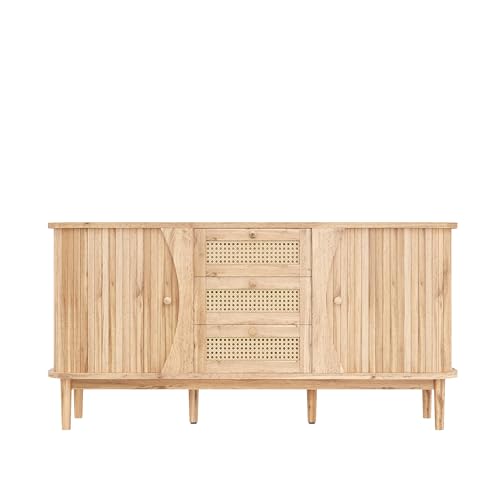 Azkoeesy 140 cm Rattan Sideboard Kommode mit 3 Schubladen und 2 Schiebetüren für Wohnzimmer und Schlafzimmer, Badezimmer (helle Naturfarbe) von Azkoeesy