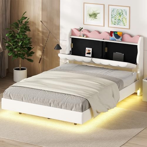 Azkoeesy Polsterbett 140x200 cm mit Stauraum Kopfteil, mit LED-Beleuchtung und USB-schluss, Jugendbett, Stauraumbett, Doppelbett, Bezug aus Leinen, Beige von Azkoeesy