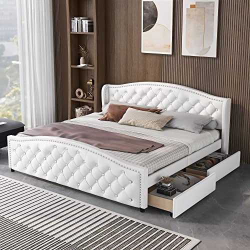 Azkoeesy 180 x 200 cm Bett mit Schubladen, Elegantes Polsterbett Doppelbett mit Stilvoll Knop und Nietenverzierung, Bezug aus Kunstleder, weiß von Azkoeesy