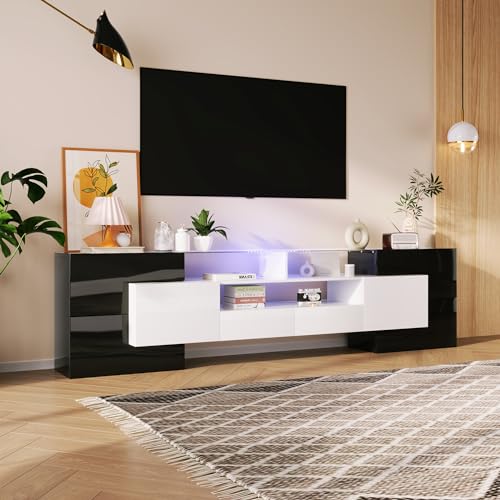 Azkoeesy 200 cm Hochglanz TV Schrank mit LED Licht, mit Tischplatte aus Glas, Stilvoller Wohnzimmermöbel, TV Board, Lowboard, 200 x 30 x 61 cm, Weiß und Schwarz von Azkoeesy