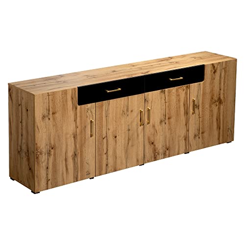 Azkoeesy 208 cm Sideboard TV Board in Holzmaserung mit 4 Türen und 2 Schublade Küchenschrank Aufbewahrungsschrank TV Kommoden Schrank für Wohnzimmer, Natur+Schwarz (Natur) von Azkoeesy
