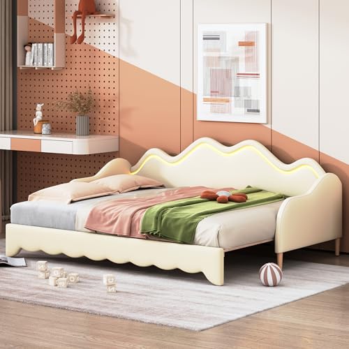 Azkoeesy 90 x 190 cm, 180 x 190 cm, Polsterbett mit LED Licht, mit Ausziehbare Bettgestell, Bezug aus Kunstleder, Ausziehbett, Tagesbett, Kinderbett, Beige von Azkoeesy