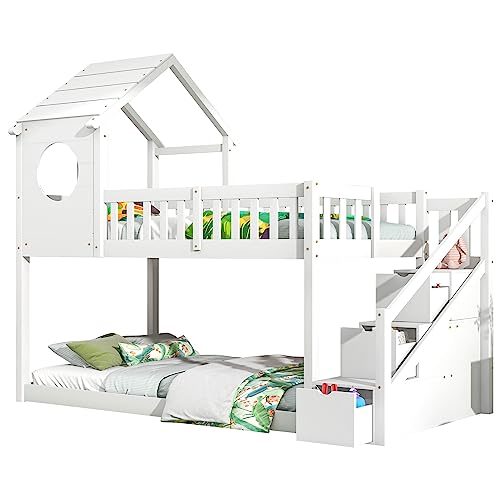 Azkoeesy Etagenbett, Kinderbett, Hausbett, mit treppe, Stauraum, Rausfallschutz, Lattenrost, Hochbett, Stockbett, Kinderhochbett, für 2 Kinder, Kiefernholz, 90x200 cm, Weiß von Azkoeesy