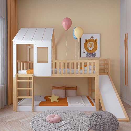 Azkoeesy Etagenbett mit Rutsche, mit Dach und Fenster, mit Lattenrost, Hochbett in hausform für Kinder und Jugendliche, Kinderhochbett, Hausbett, Kiefernholz, Natur+Weiß, 90 x 200 cm von Azkoeesy