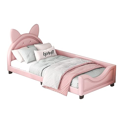 Azkoeesy 90 x 200 cm Polsterbett Mädchen Bett mit Katzenohren Kopfteil, Bezug aus Kunstleder, Einzelbett Schlafsofa Tagesbett Kinderbett Jugendbett (Rosa) von Azkoeesy