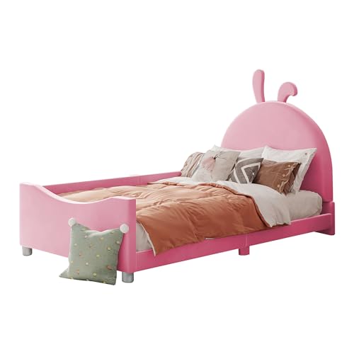 Azkoeesy 90 x 200 cm Polsterbett für Kinder und Jugendliche,Mädchen, Schlafsofa Einzelbett Tagesbett mit Lattenrost und kopfteil, mit Rückenlehne (Flanell, Hasenohren-Rosa) von Azkoeesy