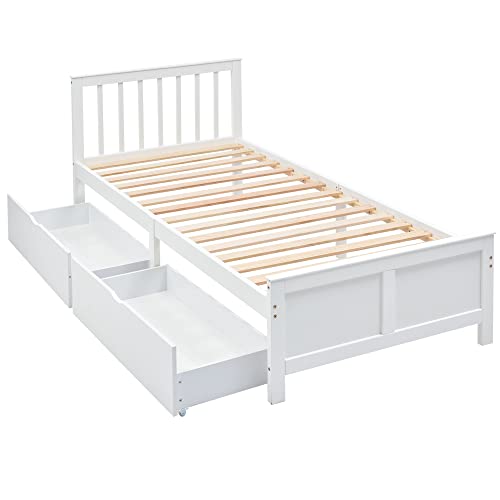 Azkoeesy 90x200 cm Bett Holzbett mit 2 Schubladen | Lattenrost | Kopfteil - Einzelbett Jugendbett Gästebett Kinderbett Weiß von Azkoeesy