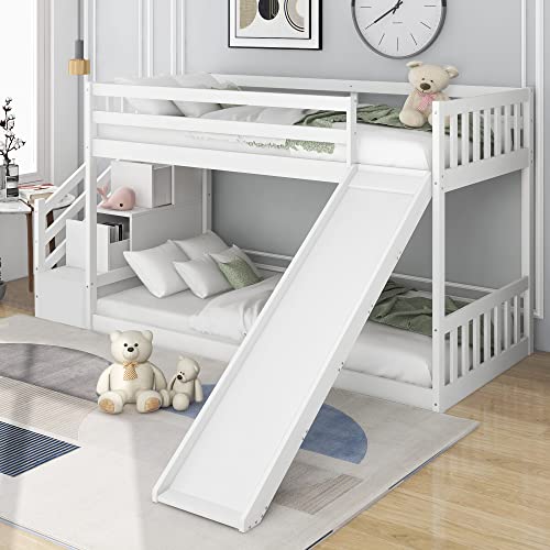 Azkoeesy 90x200 cm Etagenbett, mit Rutsche, Treppe und Handlauf, Stauraum, Rausfallschutz, Lattenrost, Kiefernholz Kinderbett Stockbett Spielbett für Junge und Mädchen, Weiß von Azkoeesy