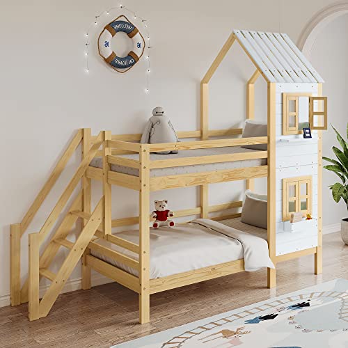 Azkoeesy 90 x 200 cm Etagenbett, mit Treppe, mit Handlauf, mit Rausfallschutz, mit Fenster und Dach, Lattenrost, 90x200 cm Kinderbett, Hausbett, für 2 Kinder, Bett aus Kiefernholz (weiß) von Azkoeesy