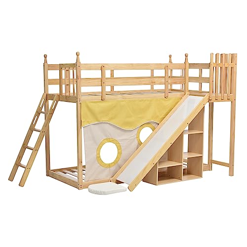 Azkoeesy 90 x 200 cm Etagenbett, mit Rutsche, mit Treppe, mit Stauraum, mit Bettvorhang, Kinderhochbett, Jugendbett, Kiefernholz, Natur von Azkoeesy