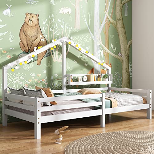 Kinderbett mit Lattenrost und Ablage, in Hausform, Einzelbett, Jugendbett, 90 x 200 cm, Weiß von Azkoeesy