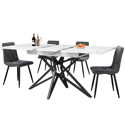 Azkoeesy Ausziehbarer Esstisch 120-160 cm, Küchentisch, Frühstückstisch, Schwarze Eisenbeine im sternförmigen, für Esszimmer/Küche (Marmorimitat) von Azkoeesy
