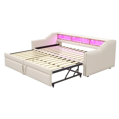 Azkoeesy Ausziehbares Schlafsofa, Polsterbett mit LED-Beleuchtung, USB-Ladefunktion, Ausziehbett, Staufachern, Nietenverzierung, umbaubar zum Doppelbett, Leinenbezug (Beige, 90/180 x 200 cm) von Azkoeesy
