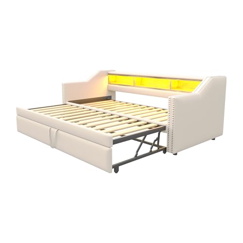 Azkoeesy Ausziehbares Schlafsofa, Polsterbett mit LED-Beleuchtung, USB-Ladefunktion, Ausziehbett, Staufachern, Nietenverzierung, umbaubar zum Doppelbett, Leinenbezug (Beige, 90/180 x190 cm) von Azkoeesy