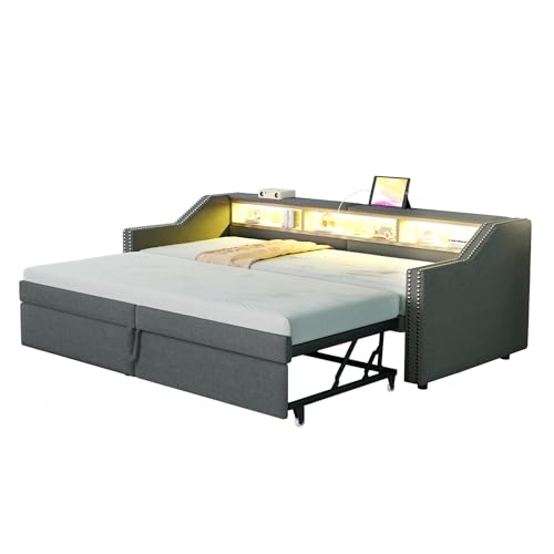 Azkoeesy Ausziehbares Schlafsofa, Polsterbett mit LED-Beleuchtung, USB-Ladefunktion, Ausziehbett, Staufachern, Nietenverzierung, umbaubar zum Doppelbett, Leinenbezug (Dunkelgrau, 90/180 x 200 cm) von Azkoeesy