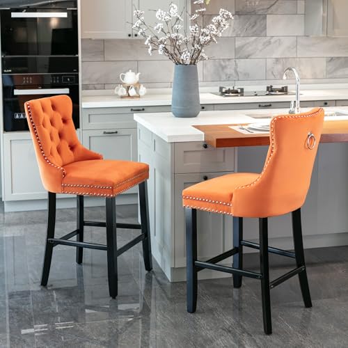 Azkoeesy Barhocker 2er/Set Samt Polsterstuhl Küchenstuhl Barstuhl mit Gummiholzbeinen, Knopfheftung, Nieten- und Zugringverzierung, Barstühle im Freizeitstil (Orange) von Azkoeesy