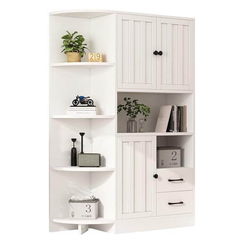 Azkoeesy Buffetschrank Eckschrank Hochschrank 104 x 35 x 155 cm, mit 3 Türen | 2 Schubladen | 4 Regale, für Wohnzimmer, Esszimmer und Küche, weiße Spanplatte von Azkoeesy
