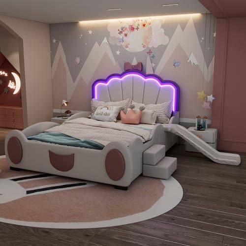 Azkoeesy ‌Cartoon Schmetterlingsbett Kinderbett 140x200 cm mit LED-Farbwechsellicht & Rutsche & Fallschutz – Rosa+Weißes PU-Bett mit Fernbedienung, Leiter für Traumzimmer‌ von Azkoeesy