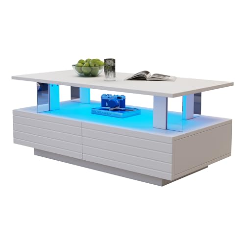 Azkoeesy Couchtisch 100x50x42 cm mit LED-Beleuchtung und 2 Schubladen, Offener Stauraum Ablage, Wohnzimmertisch Beistelltisch Kaffeetisch (Weiß) von Azkoeesy