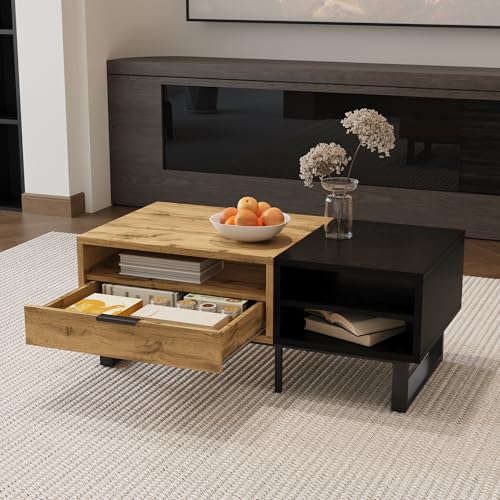 Azkoeesy Couchtisch mit Schubladen, Metallbeine, Schwarz, 100 x 50 x 40 cm, Holzmuster/Schwarz Azkoeesy Couchtisch mit Schubladen, Metallbeine, Schwarz, 100 x 50 x 40 cm, Holzmuster/Schwarz von Azkoeesy