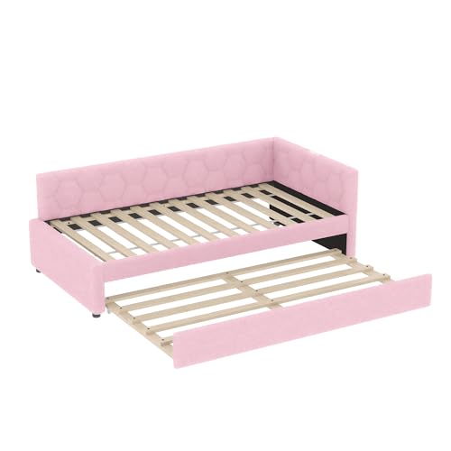 Azkoeesy Daybett 90x200 cm | 140x200 cm Multifunktions Schlafsofa mit Ausziehbett, USB | Typ-C & Nachttischlampe – Inkl. Lattenrost, Vliesimitat-Bezug (ohne Matratze) (Rosa, 90 x 200 cm) von Azkoeesy