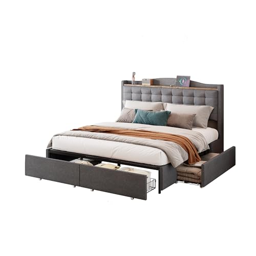 Azkoeesy Doppelbett Polsterbett mit 4 Schubladen, Kopfteil mit USB-Anschluss und Regal, Bezug aus Leinen (Grau, 160x200) von Azkoeesy