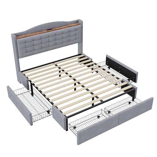 Azkoeesy Doppelbett Polsterbett mit 4 Schubladen, Kopfteil mit USB-Anschluss und Regal, Bezug aus Leinen (Hellgrau, 160x200) von Azkoeesy