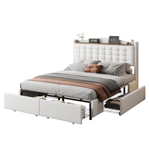 Azkoeesy Doppelbett Polsterbett mit 4 Schubladen, Kopfteil mit USB-Anschluss und Regal, Bezug aus Leinen (beige, 140x200) von Azkoeesy