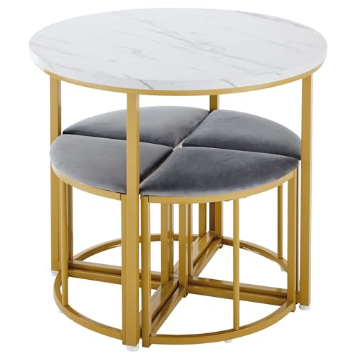 Azkoeesy Luxus-Essgruppe 5-TLG. - Esstisch 75x80 cm mit 4 Samt-Polsterstühlen - MDF-Tischplatte Marmoroptik & vergoldeter Eisenrahmen - Moderne Esszimmergarnitur (Grau/Gold)‌ von Azkoeesy