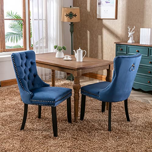 Azkoeesy Essstuhl Esszimmerstuhl 2er/Set Samt Polsterstuhl Küchenstuhl mit Gummiholzbeinen, Knopfheftung, Nieten- und Zugringverzierung, Luxuriöses und Elegantes Design (Blau) von Azkoeesy