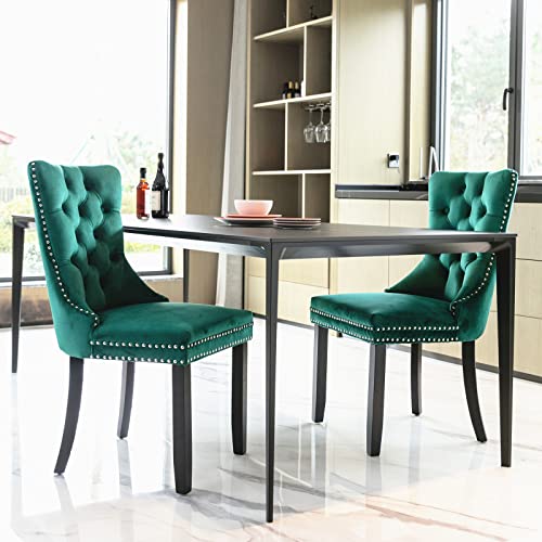 Azkoeesy Essstuhl Esszimmerstuhl 2er/Set Samt Polsterstuhl Küchenstuhl mit Gummiholzbeinen, Knopfheftung, Nieten- und Zugringverzierung, Luxuriöses und Elegantes Design (Grün) von Azkoeesy