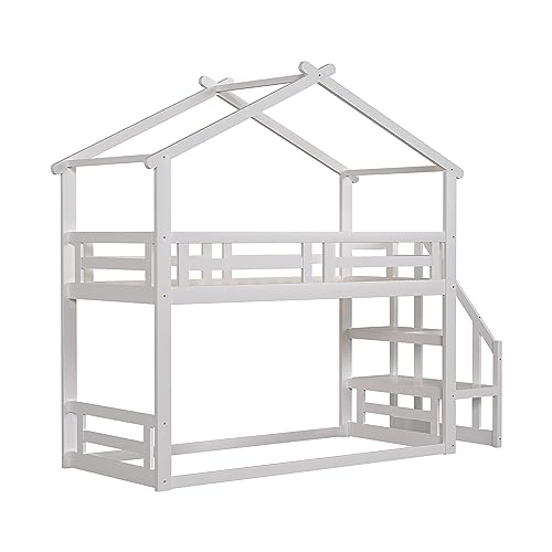 Azkoeesy Etagenbett Kinderbett 90 x 200 cm Hausbett, mit Lattenrost, mit Treppe und Handlauf, mit Fallschutz Zaun, Massivholz (weiß, mit Baumhaus) von Azkoeesy