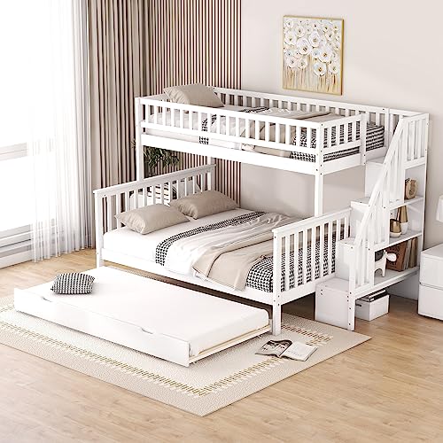 Azkoeesy Etagenbett für 4 Erwachsene, mit Ausziehbett, mit Treppe, mit Stauraum, Hochbett, Stockbett, für Kinder & Jugendliche， Kiefernholz, Weiß von Azkoeesy