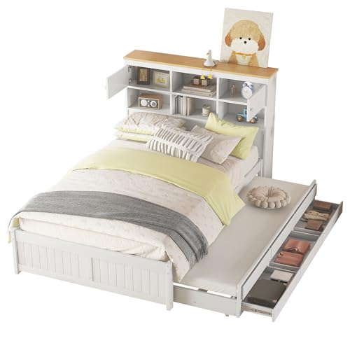 Azkoeesy Funktionsbett Bett mit ausziehbett, mit Stauraum von Kopfteil und 3 Schubladen, mit Lattenrost, Jugendbett, Holzbett, weiß (140 x 200 cm) von Azkoeesy