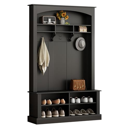 Azkoeesy Garderoben-Set, Flurgarderobe-Set, mit Schuhschrank, mit Sitzbank, mit 3 Kleiderhaken, mit Regalen, 120 L x 40 B x 190 H (cm) (Schwarz) von Azkoeesy
