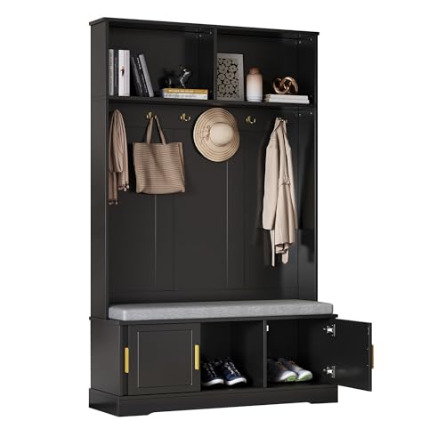 Azkoeesy Garderoben-Set, Flurgarderobe-Set, mit Schuhschrank, mit Sitzbank, mit 3 Kleiderhaken, mit Regalen, 120 L x 40 B x 190 H (cm) (Schwarz mit Türen) von Azkoeesy