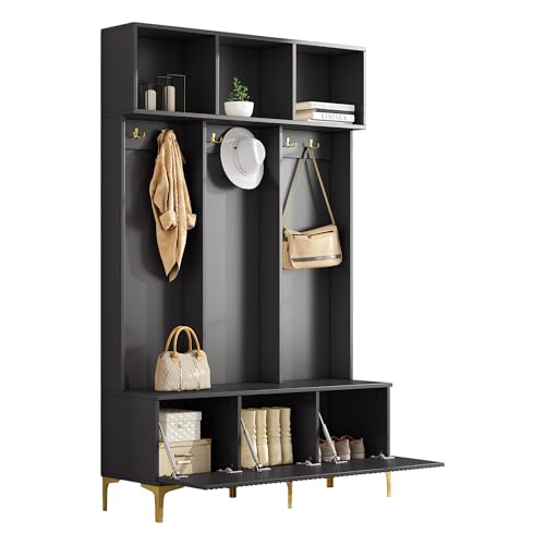 Azkoeesy Garderobenset 120x40x191,5 cm Schwarz & Gold - Multifunktionale Aufbewahrungsbank mit 6 Haken, 3 Schuhschränken & Sitzfunktion | Für Flur und Wohnzimmer mit XL-Stauraum von Azkoeesy