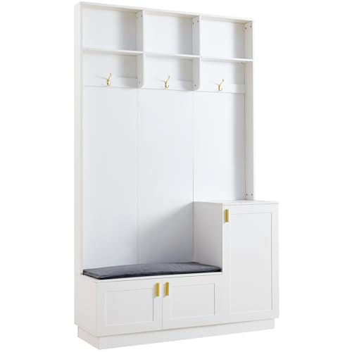 Azkoeesy Garderoben-Set, Weiß, B120/T40/H200 cm, Flurgarderoben mit Schuhschrank und Sitzbank, 3 Kleiderhaken, Ablage, Kissen, für Eingangsbereich Azkoeesy Garderoben-Set, Weiß, B120/T40/H200 cm, Flurgarderoben mit Schuhschrank und Sitzbank, 3 Kleiderhaken, Ablage, Kissen, für Eingangsbereich von Azkoeesy
