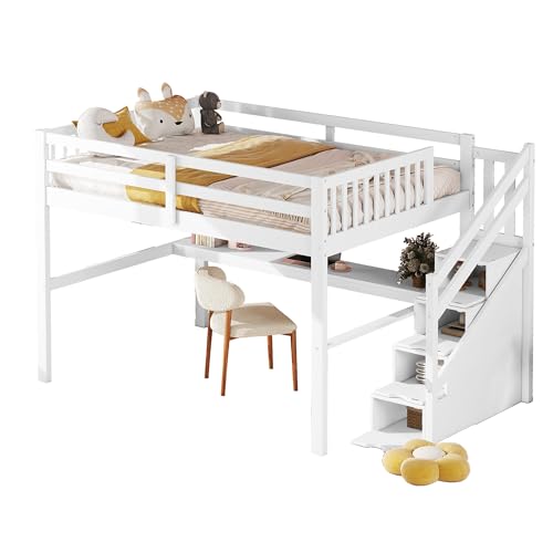 Azkoeesy Hochbett mit 193 cm Schreibtisch und Treppe, mit Stauraum und lattenrost, Doppelbett Kinderhochbett für Erwachsene, Jugendliche, Weiß (140x200 cm) von Azkoeesy