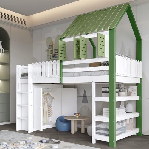 Azkoeesy Hochbett mit Hausform, 90 x 200 cm, Kinderbett mit Kleiderschrank und Regalen, mit Fallschutz, mit Lattenrost, Viel Stauraum unter dem Bett, Weiß und Grün Azkoeesy Hochbett mit Hausform, 90 x 200 cm, Kinderbett mit Kleiderschrank und Regalen, mit Fallschutz, mit Lattenrost, Viel Stauraum unter dem Bett, Weiß und Grün von Azkoeesy