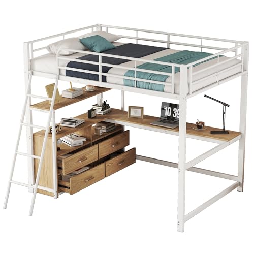 Azkoeesy Hochbett mit Schreibtisch, Schubladen und Ablage, Jugendbett, Eisengestell, mit Geländer und Lattenrost, für Jugendliche und Erwachsene (Weiß, 140 x 200) von Azkoeesy