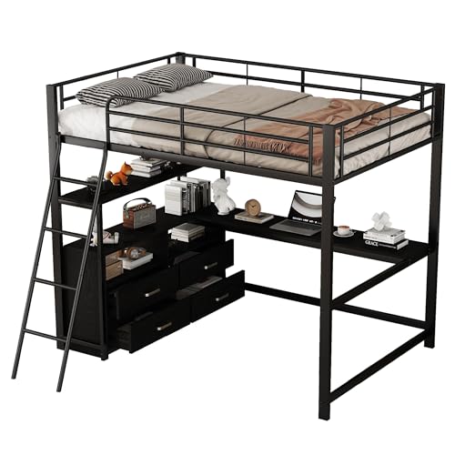 Azkoeesy Hochbett mit Schreibtisch, Schubladen und Ablage, Jugendbett, Eisengestell, mit Geländer und Lattenrost, für Jugendliche und Erwachsene (schwarz, 140 x 200) von Azkoeesy