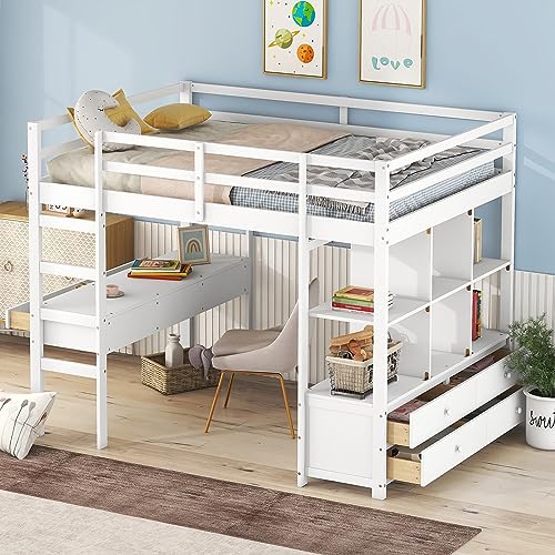 Azkoeesy Hochbett mit Schreibtisch 140 x 200 cm für Erwachsene, Doppelbett, Jugendbett, mit Bücherschrank, 6 Schubladen und 6 Fachern, Lattenrost und Fallschutz, Max 250 kg, Weiß von Azkoeesy