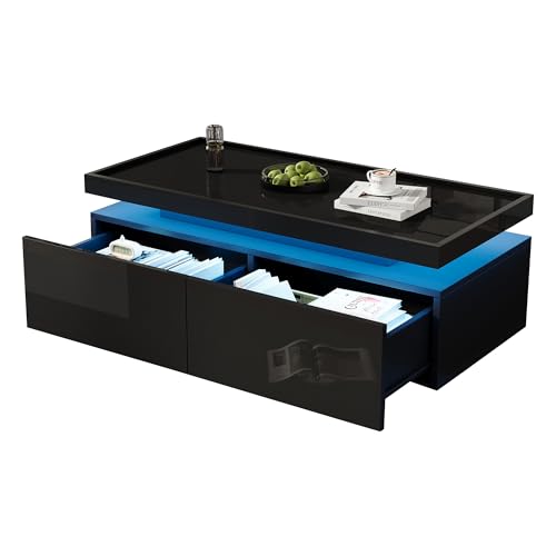 Azkoeesy Hochglanz Couchtisch mit LED-Beleuchtung und 2 Schubladen, 95x45x35 cm, Tischplatte im Tablett-Design, Sofatisch, Kaffeetisch, Wohnzimmertisch (schwarz) von Azkoeesy