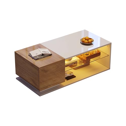 Azkoeesy Hochglanz Couchtisch mit LED und Glasablage, mit Schrank, Moderner Kaffeetisch Wohnzimmertisch 105x50x36cm (Natur/weiß) von Azkoeesy