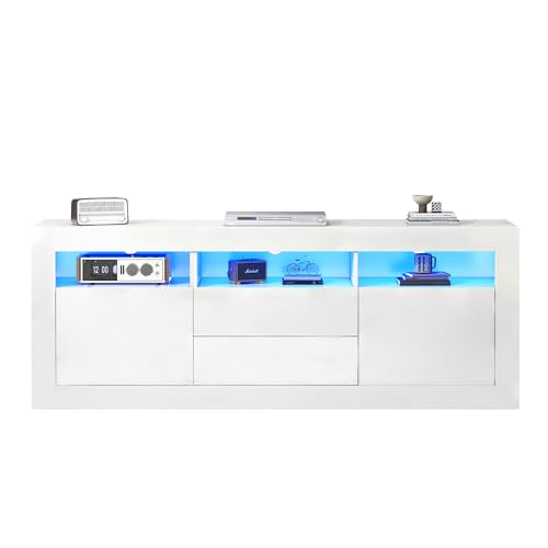 Azkoeesy ‌Hochglanz - TV-Schrank für Wohnzimmer 160x35x60 cm mit LED-Beleuchtung, 3 offene Fächer, 2 Türen, 2 Schubladen, Smart App Steuerung, für 70 Zoll Fernseher‌‌ (Weiß) von Azkoeesy