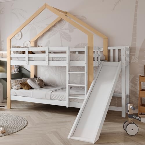 Azkoeesy Kinderbett, Etagenbett 90 x 200 cm, mit Rutsche, mit Lattenrost, mit Fallschutz Gitter, Hausbett, Jugendbett, Spielbett, Massivholz, Weiß+Natur (30955960NAA) von Azkoeesy